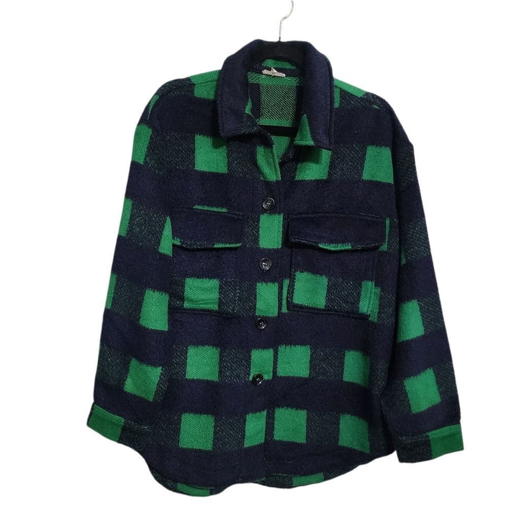 Jodifl Shaket Top L Green Navy Plaid Button Up Heavy